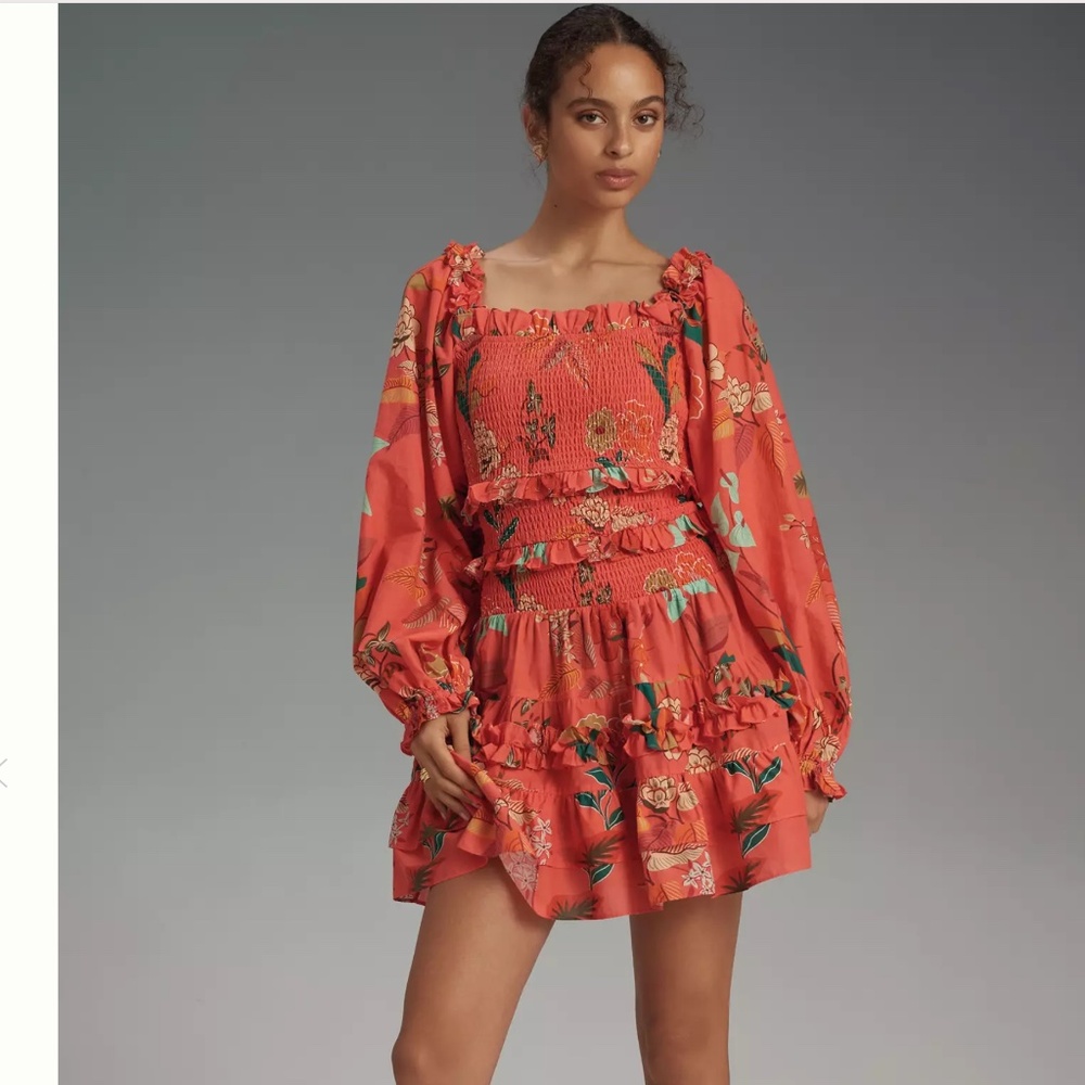 NWT Farm Rio x Anthropologie Smocked Ruffle Mini Dress SIZE M